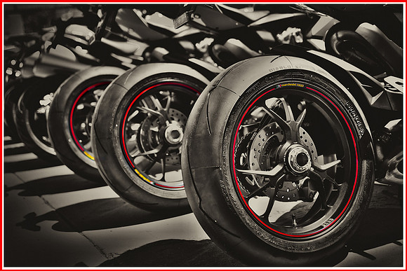 Black and White image of Marchesini wheels rims at Santa Barbara California Ducati